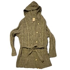 Faded Glory Cable-Knit Hooded Belted Cardigan Sweater Gray Button Women's Size L